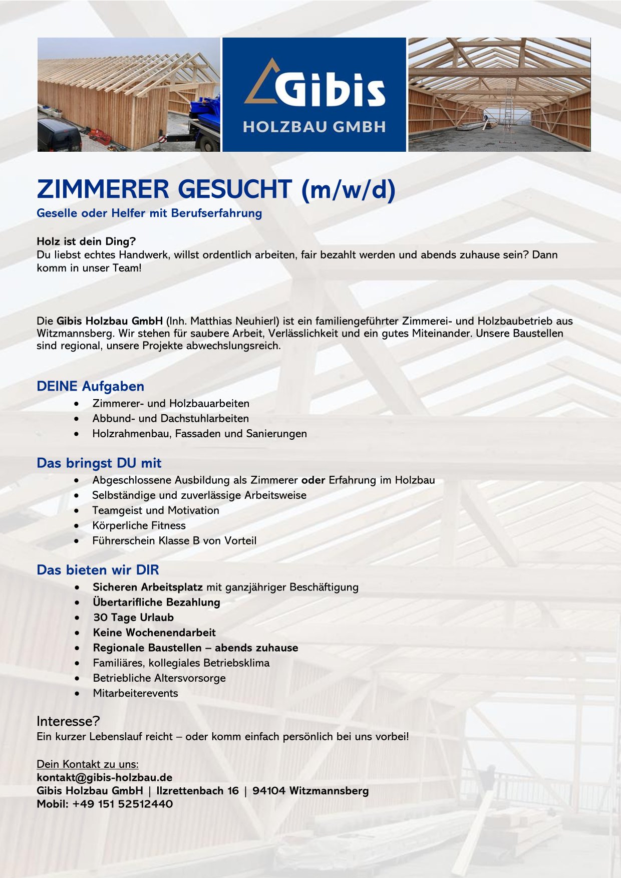 Stellenanzeige 2026 Stellenanzeige Zimmerer gesucht